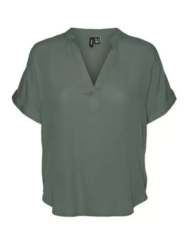 Vero Moda Damen Top Casual mit Umgeschlagenen Ärmeln und Splitneck - Kurzarm Bluse - Grün