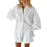 Viottiset Damen Loungewear Set mit Langarm Hemd und Kurzer Hose - Weiß