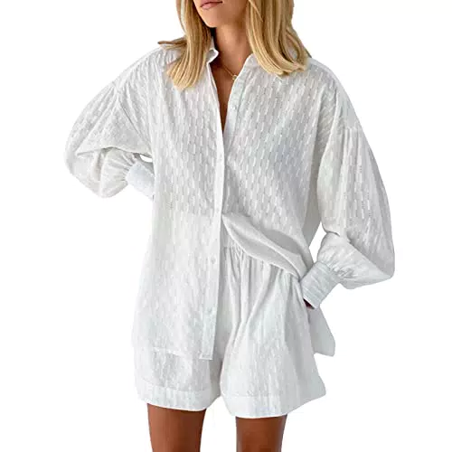Viottiset Damen Loungewear Set mit Langarm Hemd und Kurzer Hose - Weiß