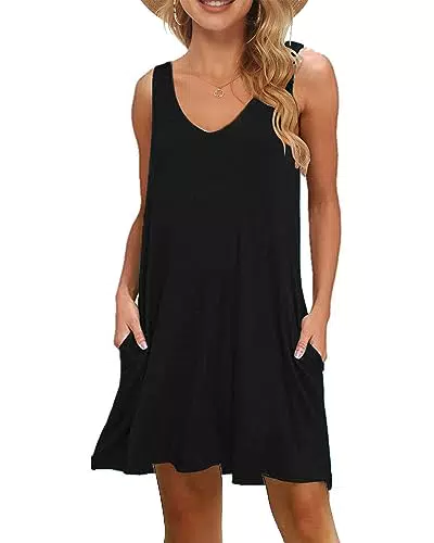 Sommerkleid Damen Leichtes V-Ausschnitt Swing Tank-Kleid Ärmellos - Schwarz