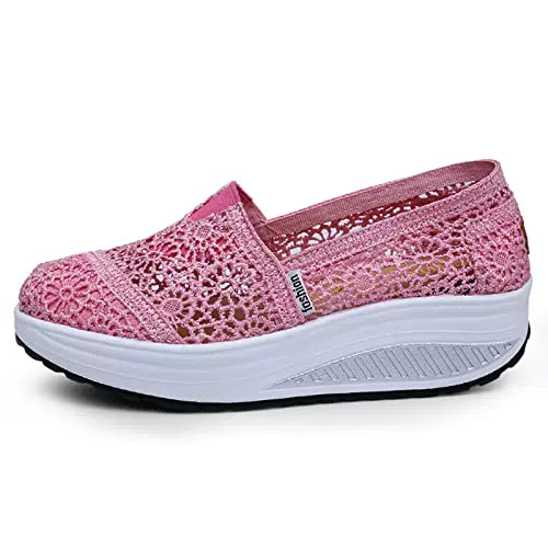 Yeeteepot Damen Walkingschuhe Slip-On Sneakers Keilabsatz Fitness Turnschuhe