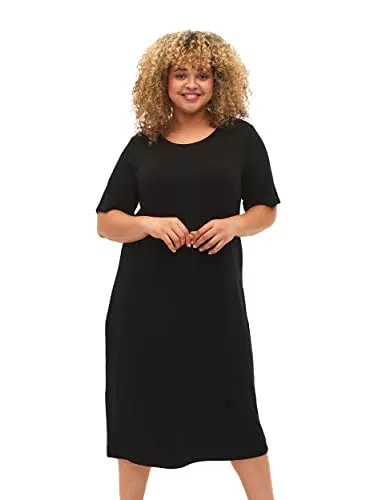 Zizzi Damen Kleid mit Kurzen Ärmeln aus Viskose - Größe 50-52 - Schwarz