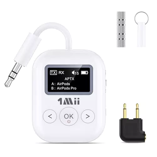 1Mii SafeFly Min+ Bluetooth Audio Transmitter Receiver - Dual Device, AptX Low Latency & HD Lossless - Airplane Adapter & 3.5mm Female Adapter