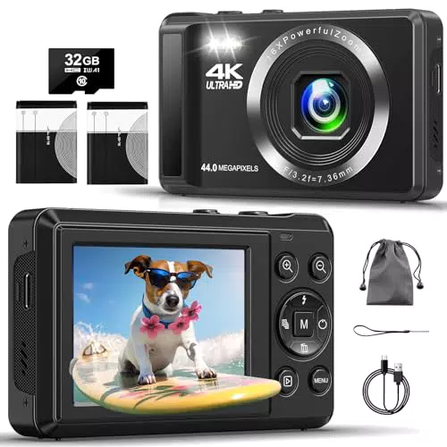 Digitalkamera 4K mit 32 GB TF-Karte, 44 MP, Autofokus, 16X Digitalzoom - Kompaktkamera für Teenager und Erwachsene