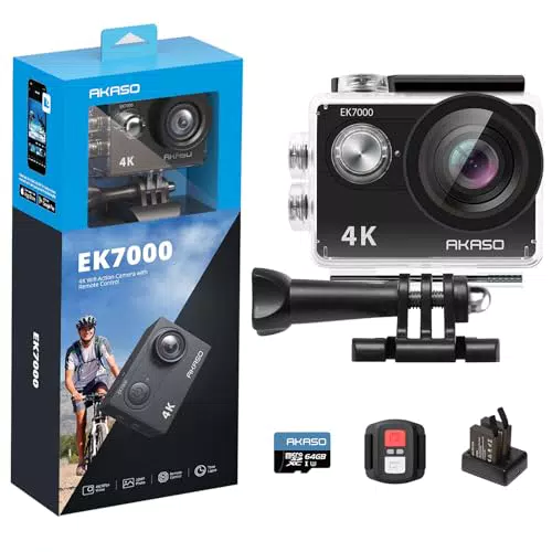 AKASO EK7000 Action Cam 4K30FPS mit 64GB microSDXC Speicherkarte - Unterwasserkamera mit Weitwinkel und Fernbedienung
