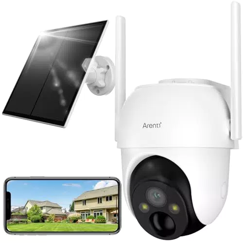 Sicherheitskamera mit Solarakku für den Außenbereich, WLAN, 360° PTZ, Farb-Nachtsicht, Spotlight & Sirene