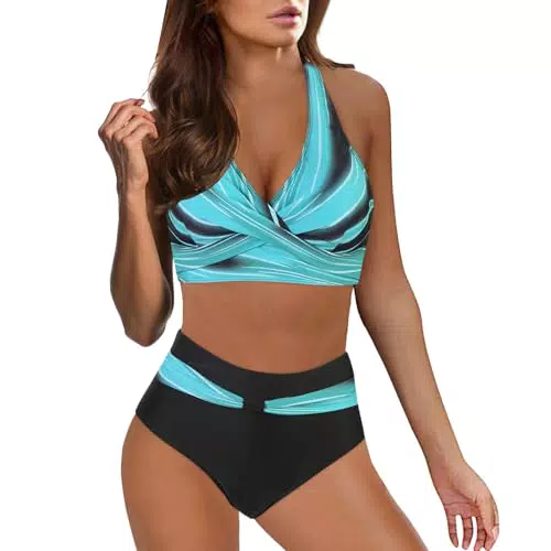 Bikini Set Damen - Zweiteiliger Badeanzug mit Blumenmuster - V Ausschnitt & High Waist - Bauchkontrolle - Swimwear