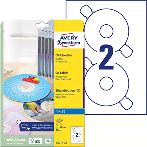 AVERY Zweckform CD-Etiketten, selbstklebend, ClassicSize, hochglänzend, für Inkjet-Drucker