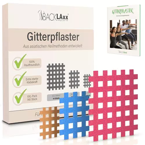 BACKLAXX Gittertape Premium-Qualität - Gitterpflaster Set in 3 Größen - GRATIS eBook mit 60 Anwendungsbeispielen - Akupunkturpflaster Cross Tape