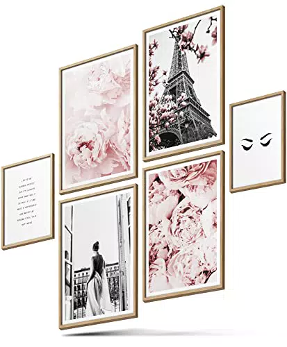 "BLCKART Bilder Set Rose Paris - Stilvolle Beidseitige Bilderwand mit Natur Blumen Deko fürs Wohnzimmer"