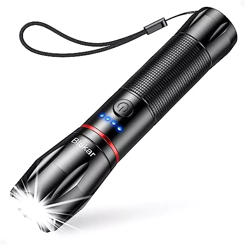LED Taschenlampe Blukar Aufladbar - Extrem Hell, Zoombares Licht, 5 Modi, IPX6 Wasserdicht - Camping, Wandern, Angeln, Outdoor, Notfall