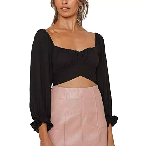 "Schulterfreies Crop-Top mit Rüschen und langen Puffärmeln für Damen"