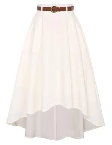 Eleganter Damenrock mit hoher Taille und Gürtel - A-Linie-Rock mit Taschen (Weiß)