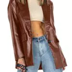 Feziakuk Damen Kunstleder Blazer mit Langarm und Knopfleiste