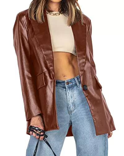 "Feziakuk Damen Kunstleder Blazer mit Langarm und Knopfleiste"