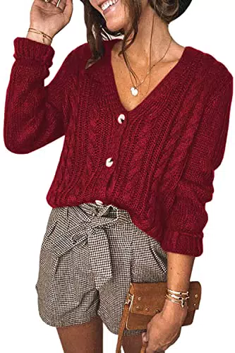 Strickjacke Damen V-Ausschnitt Cardigan Gestrickter Pullover Herbst Winter - Weinrot