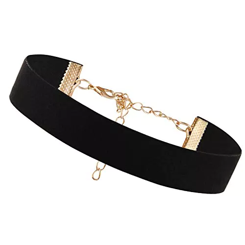 Flongo Velvet Samt Choker Damen Halsband schwarz mit gold O Ringe Anhänger punk goth gothic Halskette Kette Band Elastisch 18mm Breite Verstellbar Für Frauen Mädchen Herren Halloween Kostüm