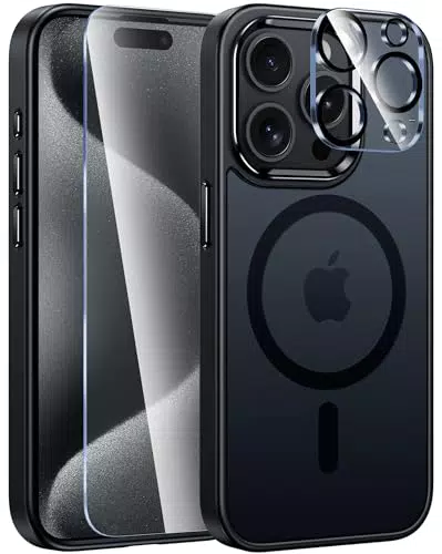 "FNTCASE iPhone 15 Pro Hülle: Magnetisch Matt Stoßfestes Case in Schwarz"