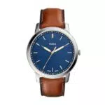 Fossil Herrenuhr The Minimalist, Quarzwerk, 44mm Silbernes Edelstahlgehäuse mit Lederarmband