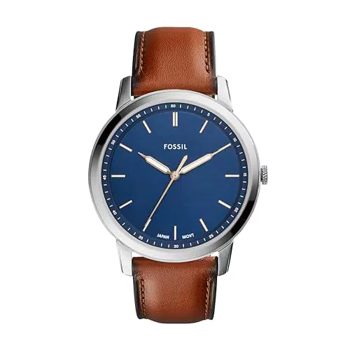 Fossil Herrenuhr The Minimalist, Quarzwerk, 44mm Silbernes Edelstahlgehäuse mit Lederarmband