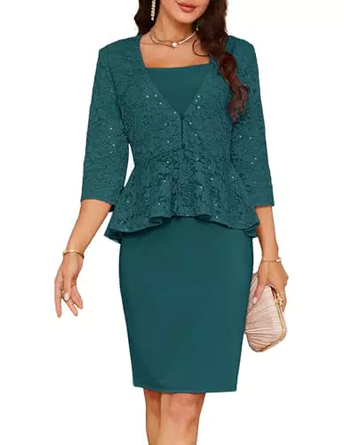 Grace Karin Damen Business Outfit - Elegant Kleid Suit Slim Fit 3/4 Ärmel Bluse Blazer Coat - M - Blau Grün