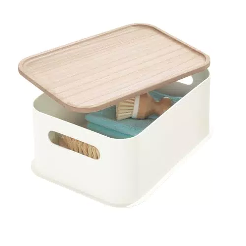 Aufbewahrungsbox von iDesign aus recyceltem Kunststoff und Holz - Mittelgroßer Organizer mit Griffen - Weiß