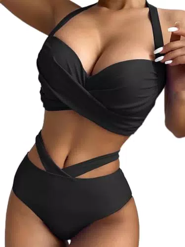 Damen Bikini Set von Jakloz - Zweiteiliger Badeanzug mit V-Ausschnitt und Kreuzdetail - Schwarzer Bikini.