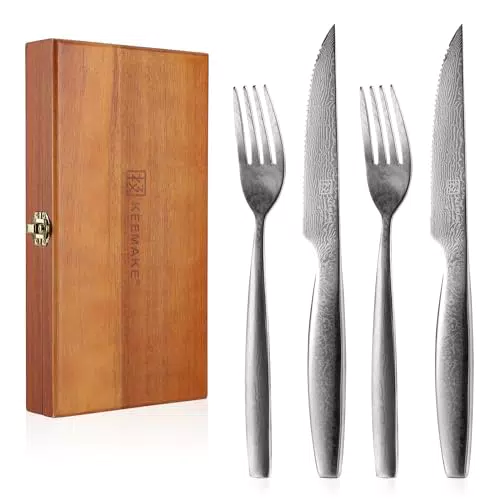 Steakbesteck Set aus Damaststahl in Exquisiter Holz Geschenkbox