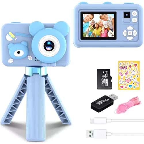 Kinder Kamera 12MP Selfie mit Kamerastativ und 32GB SD-Karte - HD Video Camera für Kinder 3-10 Jahre