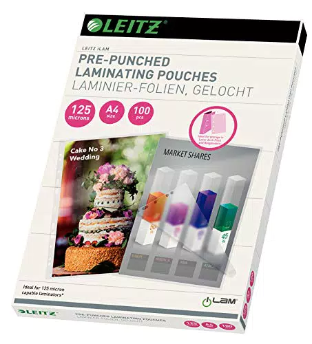 Leitz Heißlaminierfolien A4 mit Lochung für Ordner und Ringbücher, Hochwertige Laminierfolien im 100er Pack