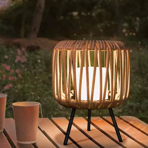 LED Tischlampe Kabellos Rattan Dimmbar 2700K Warmweiß IP44 Wasserdicht - Akku Tischleuchte für Schlafzimmer und Garten