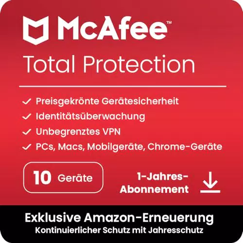 McAfee Total Protection 2024 | Antivirus, VPN, Kindersicherung, Passwort-Manager | Für 10 Geräte | PC/Mac/iOS/Android | Automatische jährliche Verlängerung bei Amazon