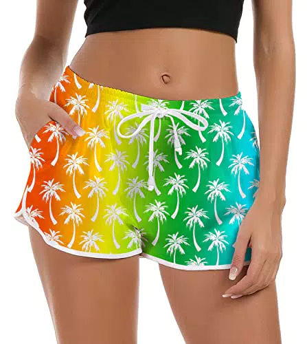 NEWISTAR Badehose Damen High Waist Locker Sommer Kurze Badeshort 3D Flamingo Druck Strand Shorts Schnell Trocknendes UV Sport Badehose Gym Boardshorts mit Taschen34
