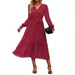 OUSIMEN Damen Kleid - V Ausschnitt Midi Langarm Freizeitkleid A-Line