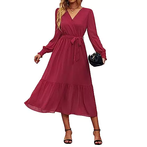 "OUSIMEN Damen Kleid - V Ausschnitt Midi Langarm Freizeitkleid A-Line"