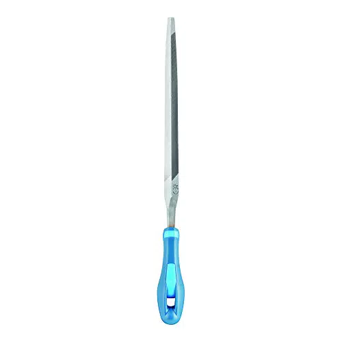 Dreikant-Sägefeile 125mm, dreieckige Feile mit spitzer Spitze, Einhieb 2 auf drei Seiten und drei Kanten - inkl. Ergonomie-Feilenheft