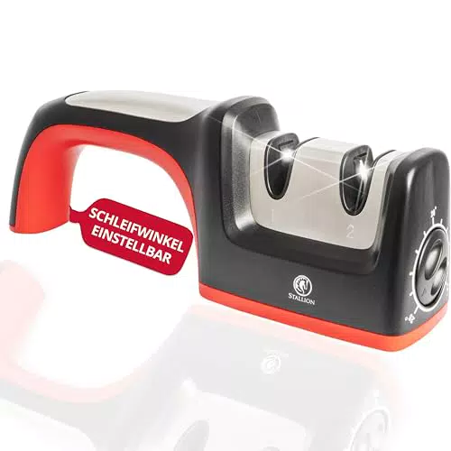 STALLION Profi Messerschärfer mit einstellbarem Schleifwinkel - Manueller Messerschleifer - Doppelschleifsystem aus Karbonstahl und Keramik - Knife Sharpener für professionelles Messer Schärfen