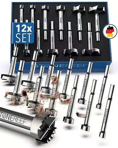 Bohrkronen-Set von STONE REEF, 12-teilig, 12-50mm, inkl. Aufbewahrungsbox - Holz, Topfbohrer, Forstner, 40mm.