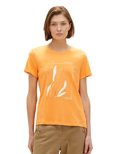 TOM TAILOR Damen T-Shirt mit Print - Helle Mango Orange
