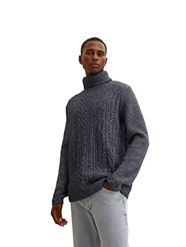 TOM TAILOR Herren Rollkragenpullover mit Zopfmuster - Navy Melange