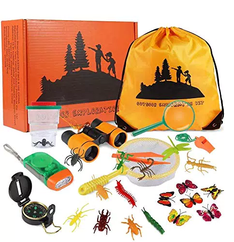 Kinder Outdoor Entdecker-Set mit Fernglas, Taschenlampe, Kompass und Lupe - Geschenk für Mädchen und Jungen