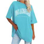 Damen T-Shirt Los Angeles Baumwolle Bluse Rundhals Große Größen Himmelblau