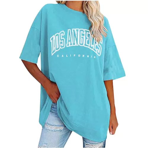 Damen T-Shirt Los Angeles Baumwolle Bluse Rundhals Große Größen Himmelblau