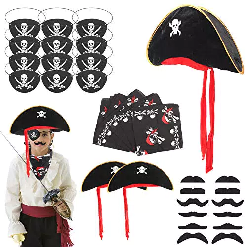 Piraten Zubehör Set - Piratenhut, Augenklappe, Kopftuch, Schnurrbart - Party Set für Kindergeburtstag und Cosplay