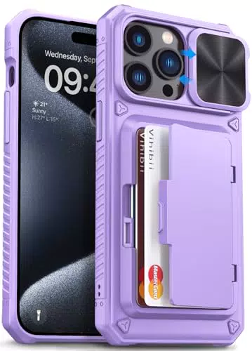 Vihibii iPhone 15 Pro Max Hülle mit Kartenfach und Kameraschutz - Stoßfeste Schutzhülle in Lila