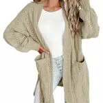 Damen Strickjacke Wenrine Winter Lang Cardigan Zopfmuster mit Taschen