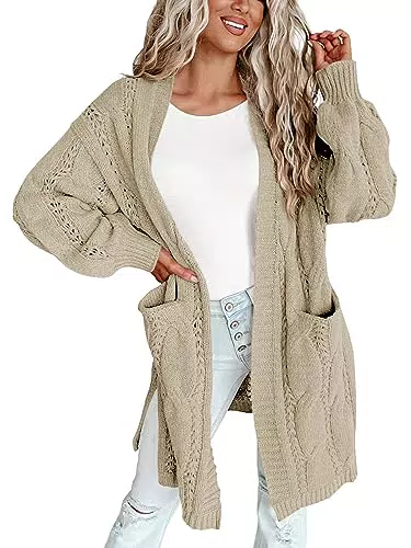 Damen Strickjacke Wenrine Winter Lang Cardigan Zopfmuster mit Taschen
