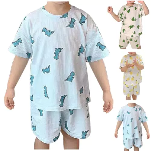 XINYUNZU Schlafanzug Jungen Kurz Eisseide Pyjama Set Kinder T-Shirt mit Shorts Sommer Set Kinderkleidung für Jungen 1-8 Jahre Blau