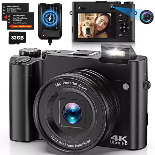 Digitalkamera 4K mit 64 MP, Autofokus, Anti-Shake und 16X Digitalzoom
