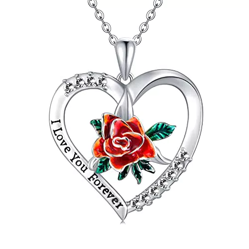 AOBOCO Herz Kette Damen Sterling SilberIch Liebe Dich für Immer Rose Blumen Halskette